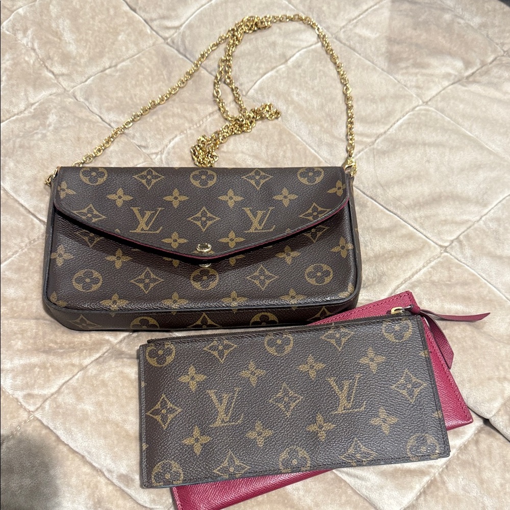 Louis Vuitton Felice Pochette  Monogram Chain Crossbody with cherry Red Trim